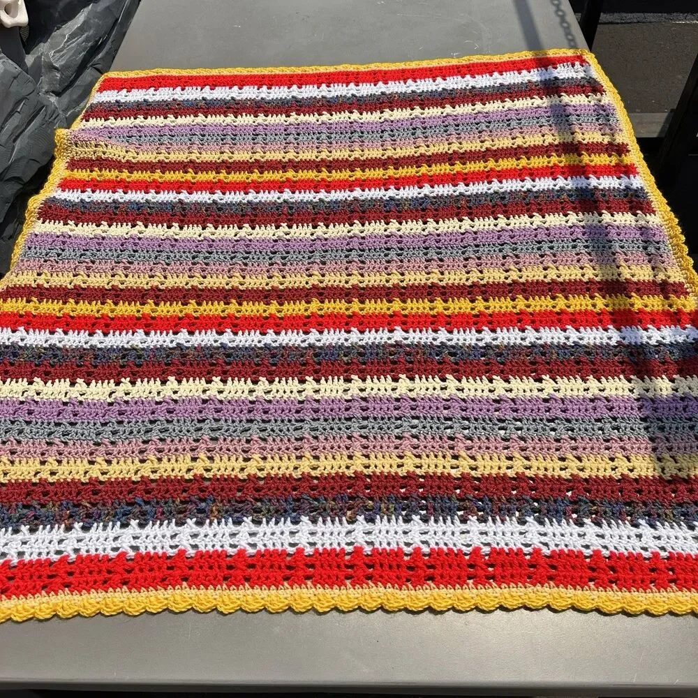 Handmade Crocheted Striped Multicolor Throw Blanket 43x43 in Grandmacore Cottage